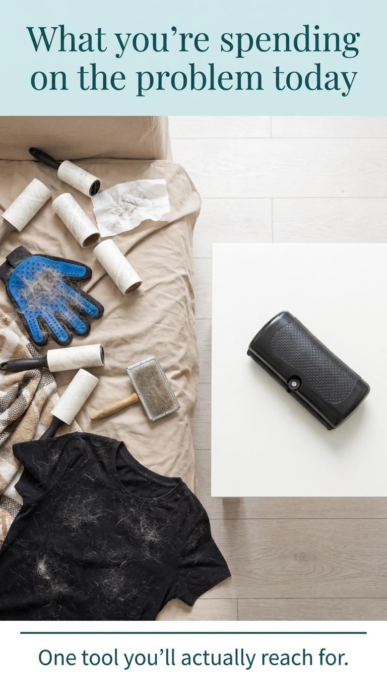 A couch covered in lint roller tubes, a grooming glove, a slicker brush and a fur-covered black shirt, with the brush sitting alone on a white table