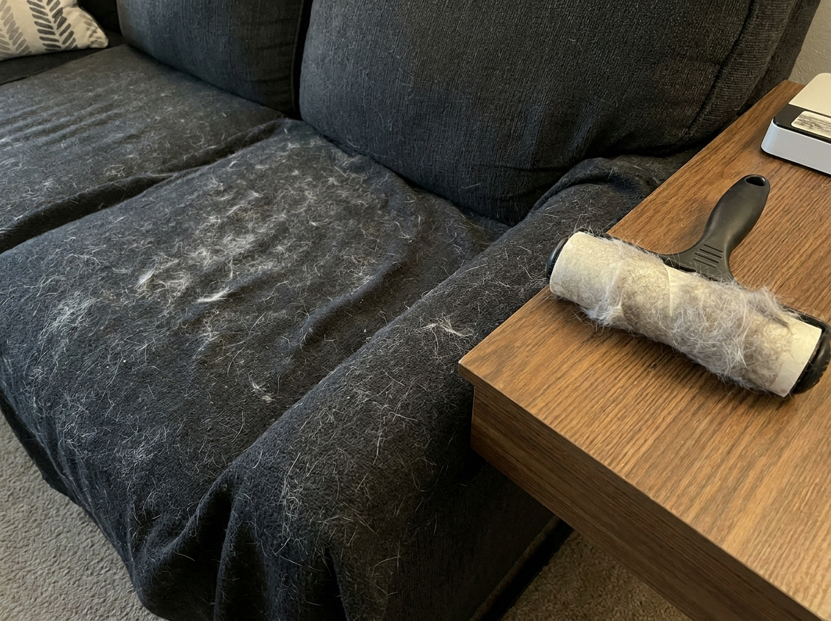 A dark sofa covered in pet hair, with a lint roller full of fur resting on the side table
