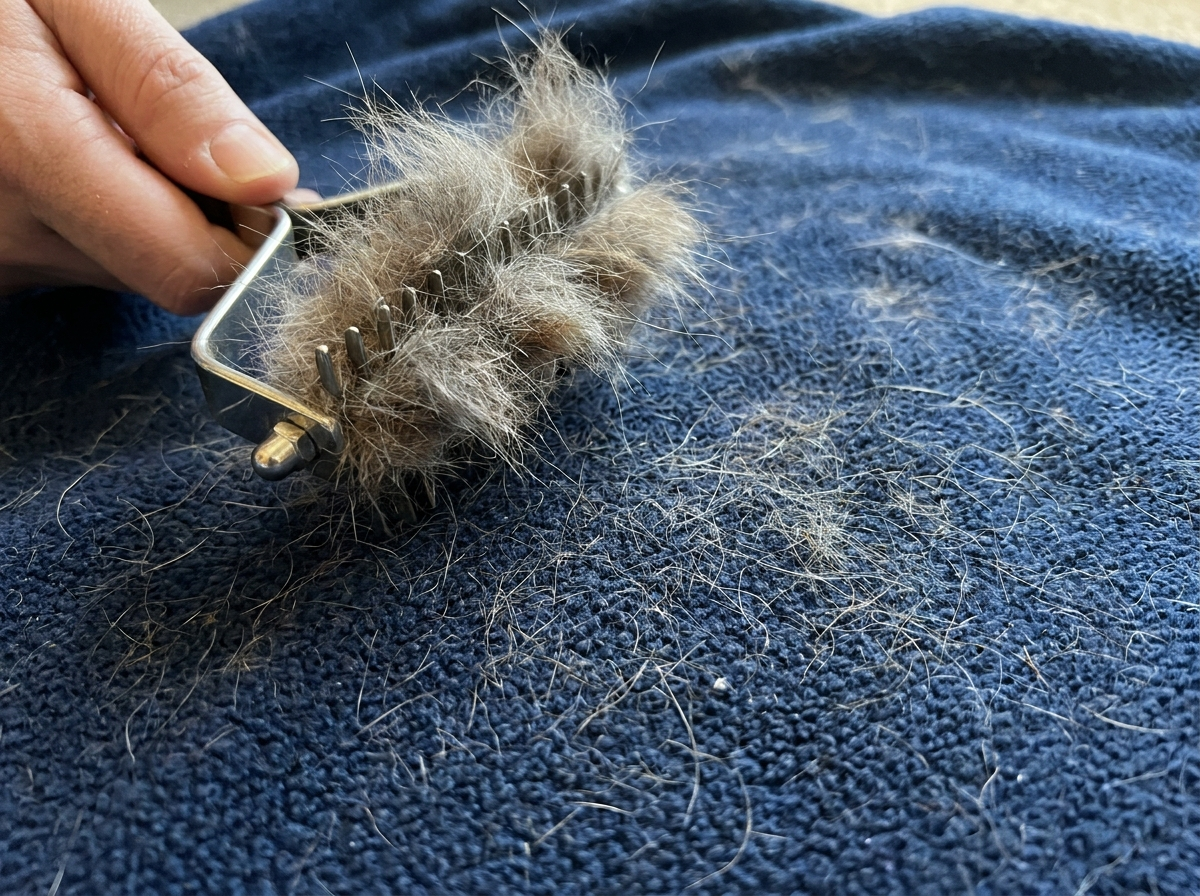 Close-up of a hand pulling a tuft of loose pet fur off a fabric surface, with stray hairs woven into the weave