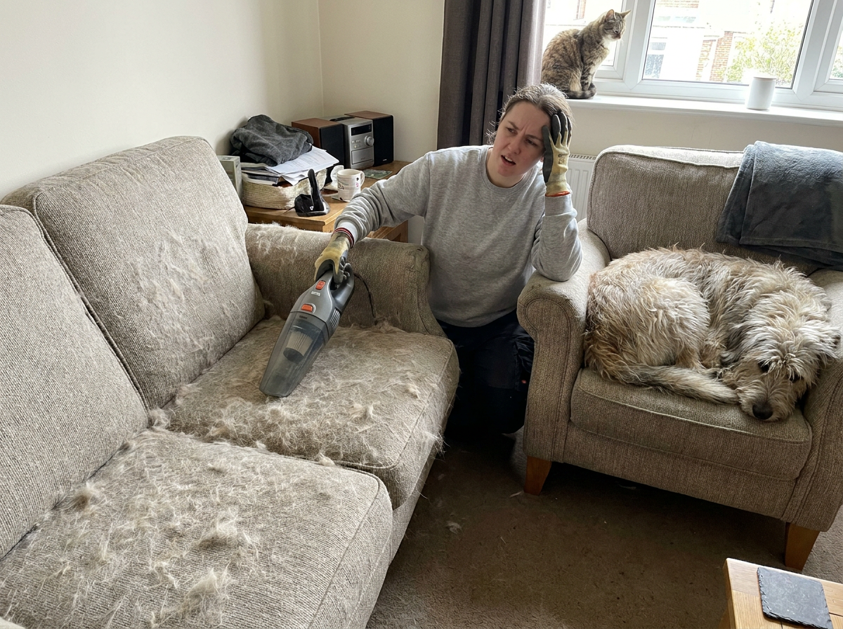 A frustrated woman holding a handheld vacuum on a couch that is still covered in fur, with a dog and a cat nearby